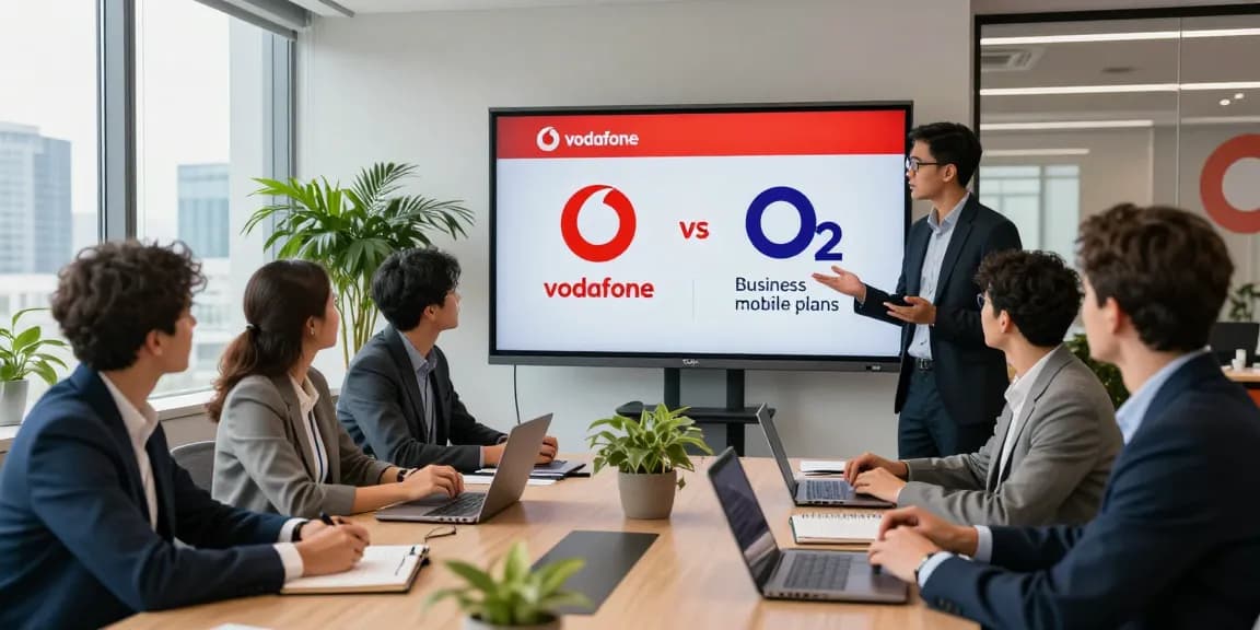 Business professionals discussing Vodafone vs O2 business mobile plans in a modern office.