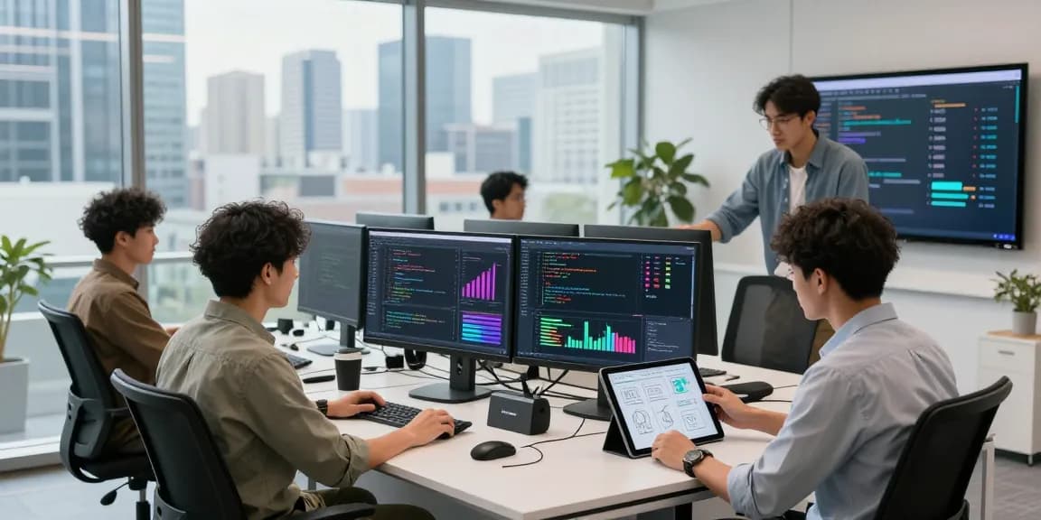A diverse team collaborating at the WPS Official Website software development office, showcasing productivity and innovation.