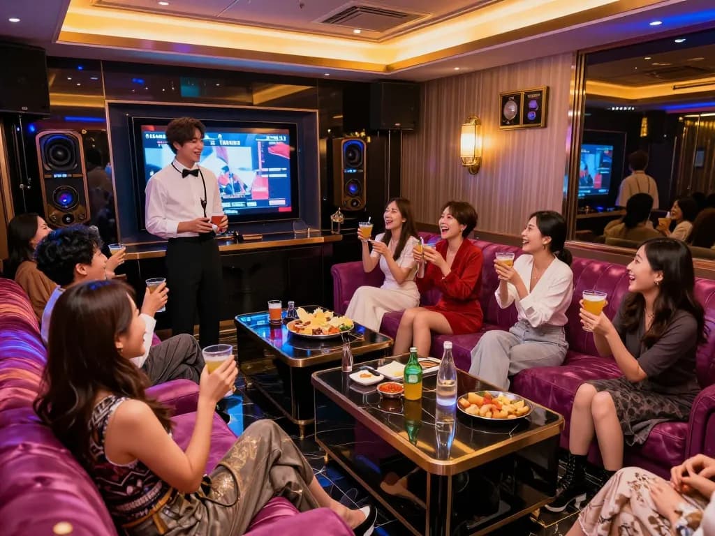 럭셔리한 환경에서 친구들과 음료를 즐기며 강남가라오케의 생기 넘치는 분위기를 탐험하세요.