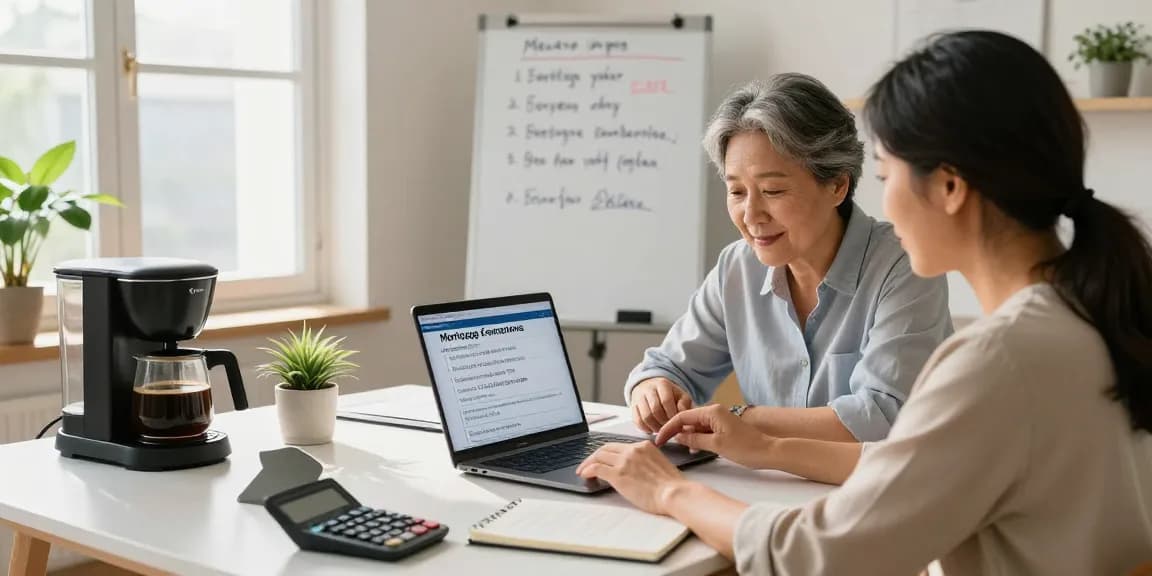 Couple using a comparador hipotecas in a bright home office, reviewing mortgage options together.