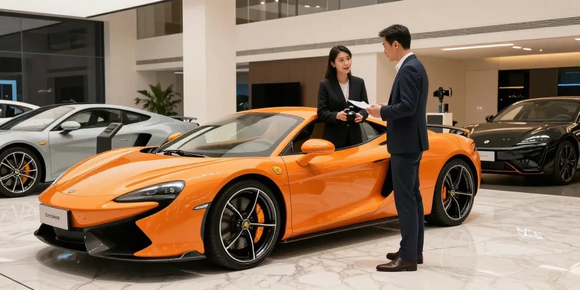 Pengalaman mobil mewah di showroom LUXURY 777 dengan mobil sport berkilau dan perwakilan penjualan profesional.