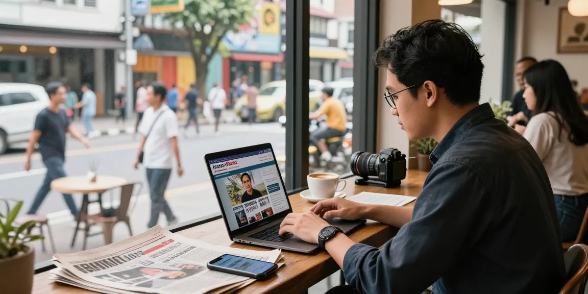 Gambaran Leci123 Daftar dengan individu aktif membaca berita dalam suasana kafe.