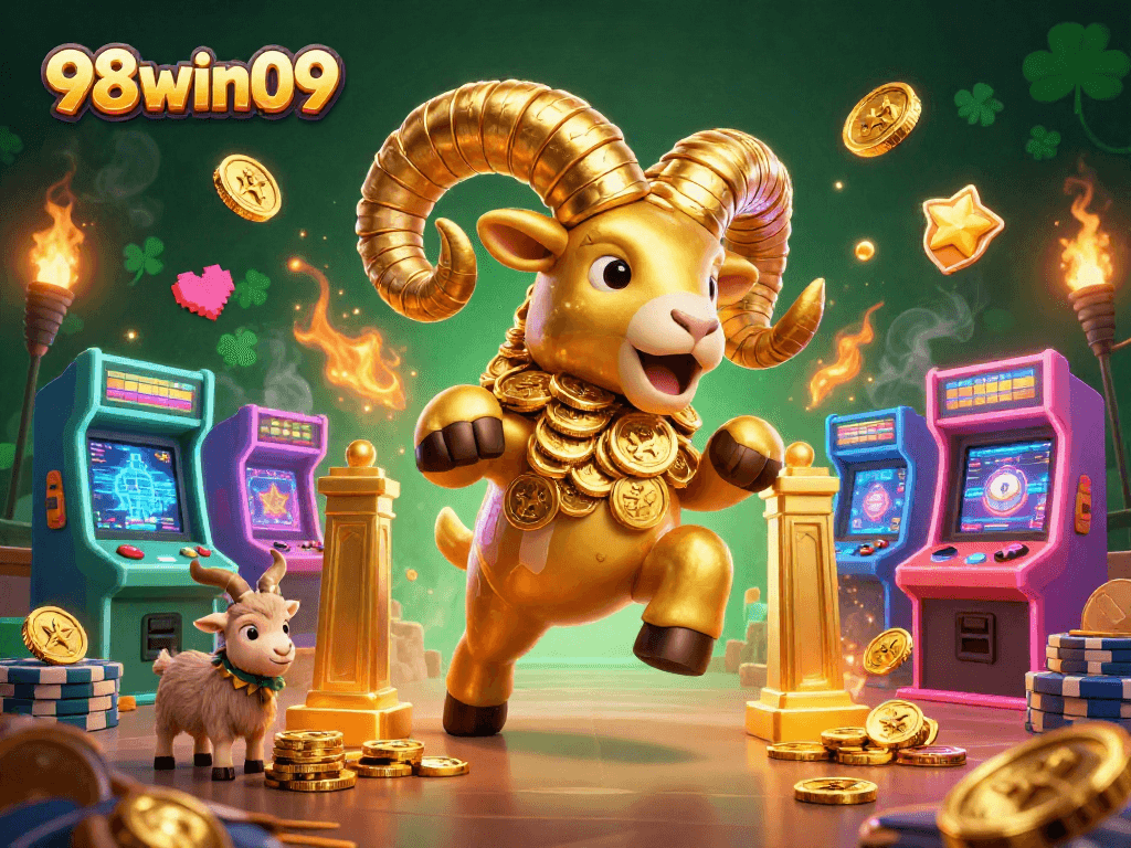 Engage with 98win09 at an exhilarating casino adventure with golden ram charging through gold-filled gates.