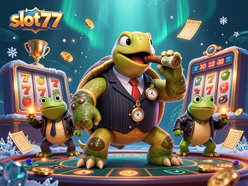 Play slot777 with a massive snapping turtle and bullfrog enforcers in an electric casino scene