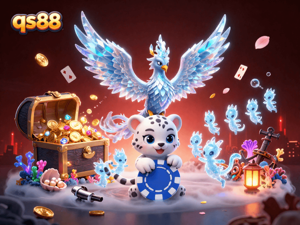 Join the gaming thrill at qs88, where a mythical phoenix and playful leopard capture jackpot action in a magical scene.