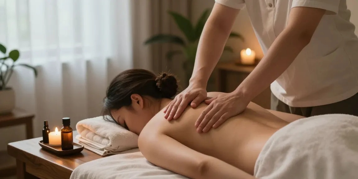 마사지로 피로를 푸는 스웨디시 마사지 장면, 아늑한 스파 환경에서 고객에게 편안함을 제공합니다.