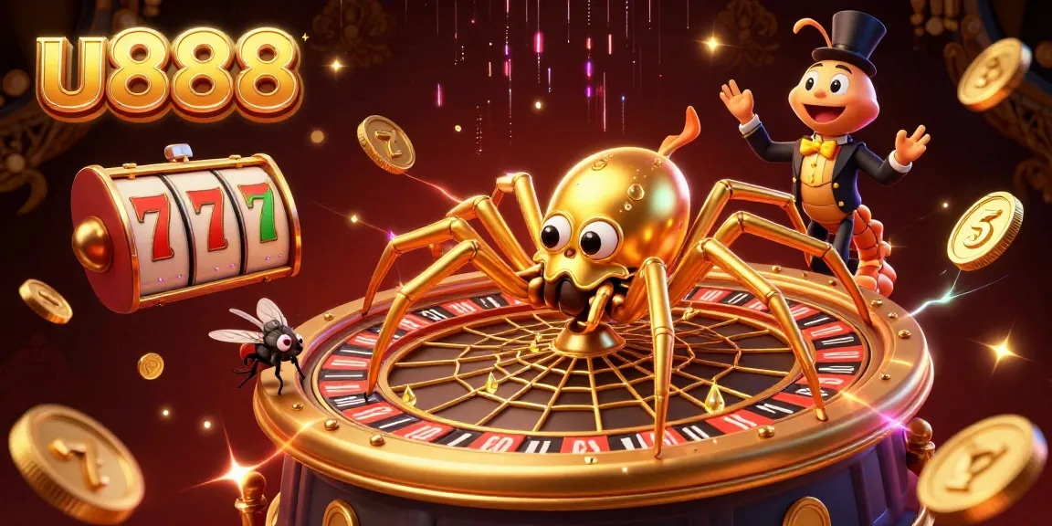 Place bets at u888 with a golden spider spinning a roulette wheel in this vibrant casino scene.