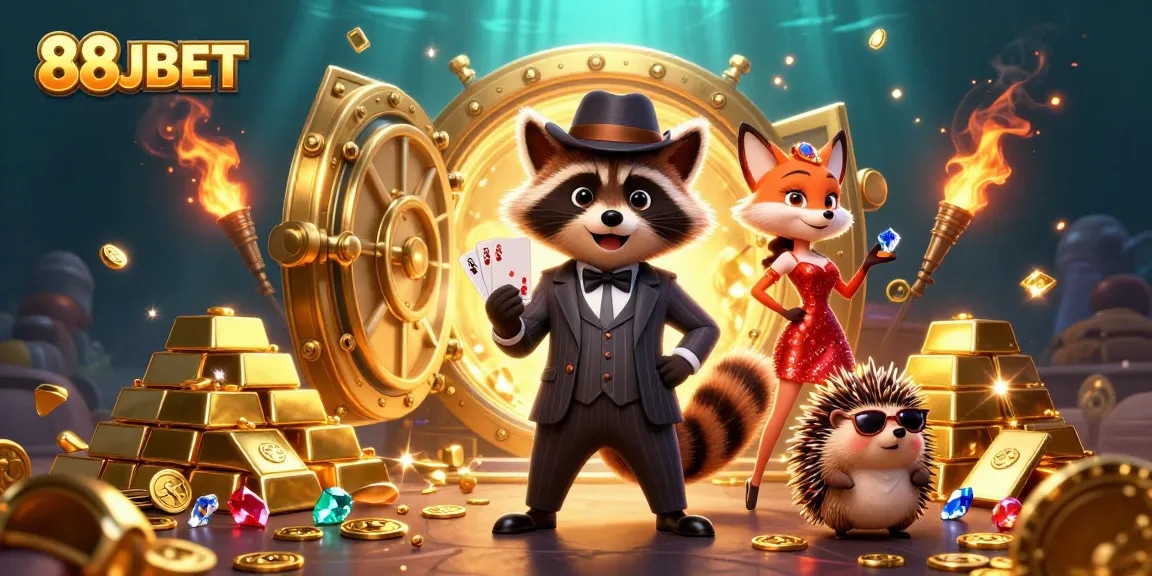 Experience thrilling gameplay with 88JBET in this stunning casino-themed illustration featuring vibrant characters and treasures.