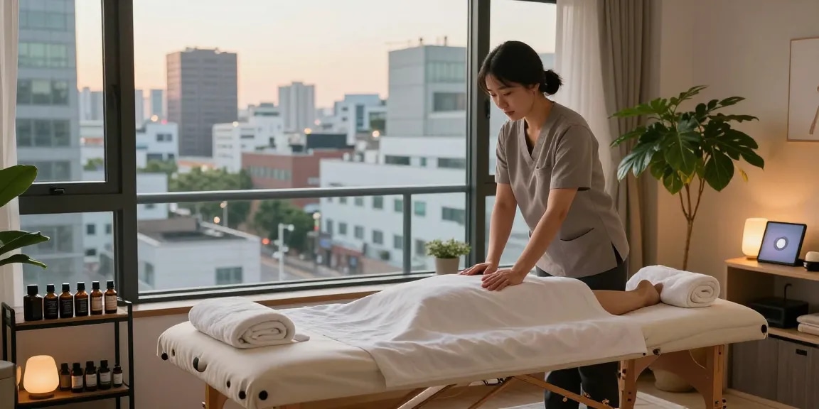 서울출장마사지 session in a vibrant urban space with essential oils and a calming atmosphere.