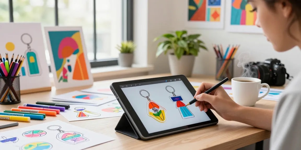Designing innovative acrylic keychains in a creative workspace with vibrant artworks.