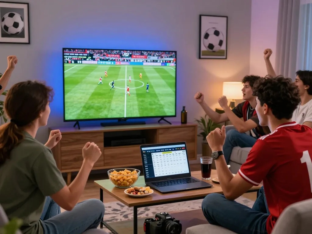 Watch live football matches on https://luongson117.tv/ in a lively home setting with friends and snacks.