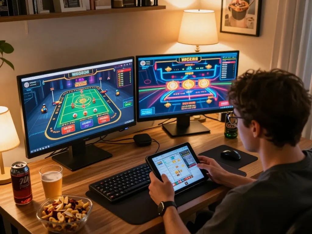 Engaged player analyzing strategies on smartphone and tablet in a cozy home setup, showcasing lc888 online gambling.