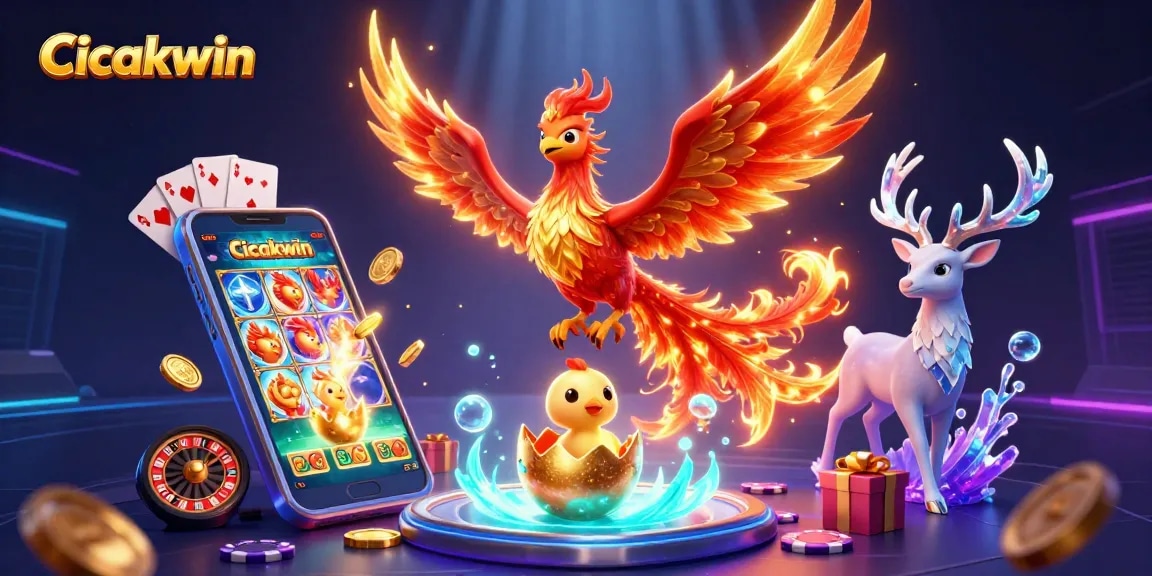 Cicakwin showcases an exciting gaming scene with vibrant elements featuring a phoenix, golden egg, and casino games.