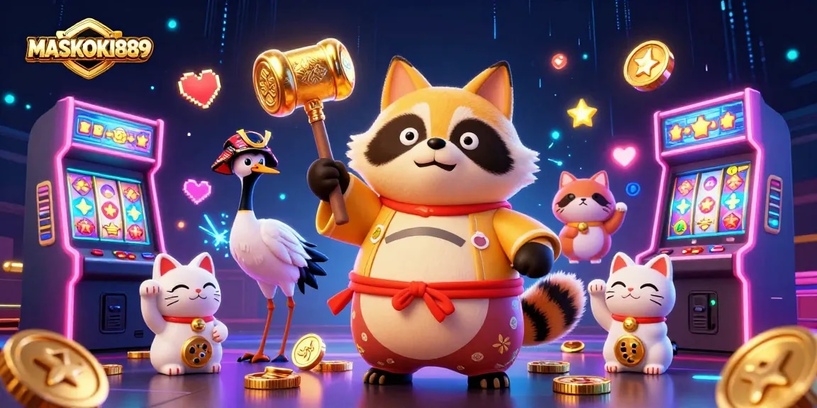 Explore the vibrant world of MASKOKI889 with cheerful tanuki and lucky elements in a lively casino setting