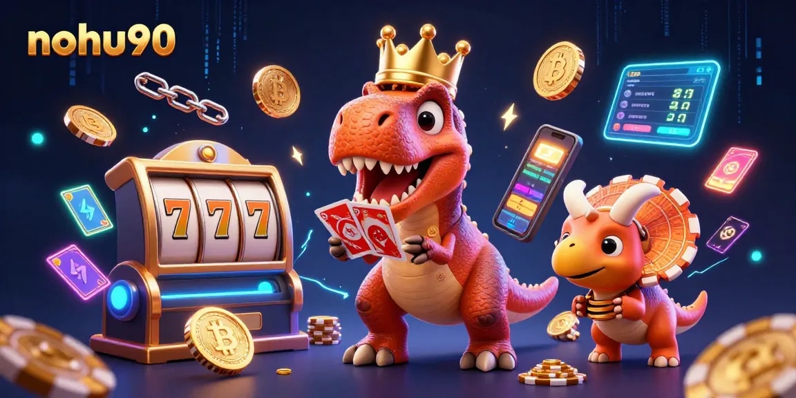 Nohu90 players engage in exciting slots and crypto gaming with friendly dino characters.