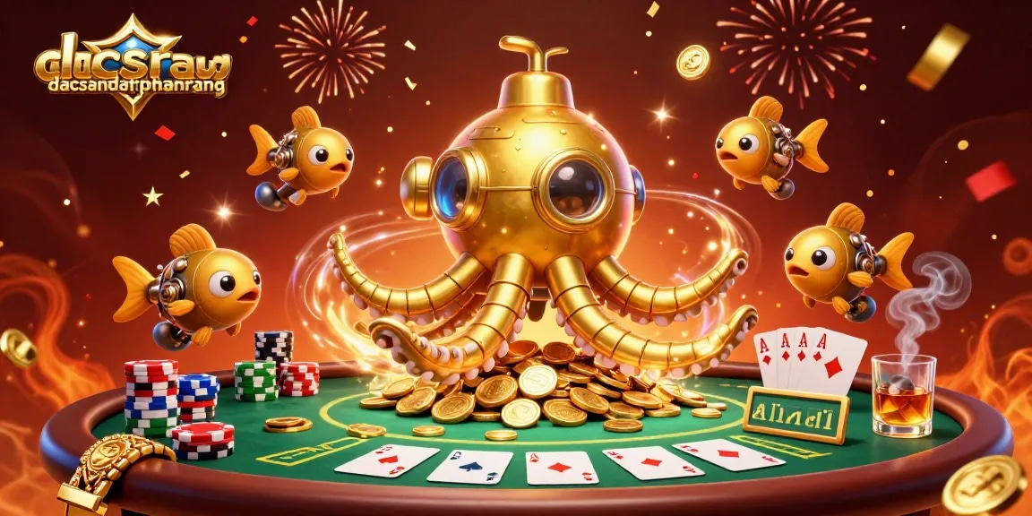 Engage with dacsandatphanrang's thrilling underwater gambling world featuring a golden kraken and dynamic poker elements.
