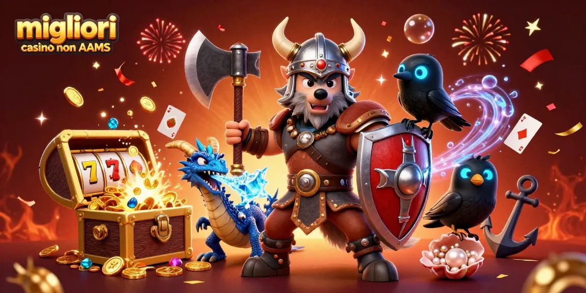I migliori casino non AAMS presentano un guerriero vichingo e un drago in un'illustrazione coinvolgente.