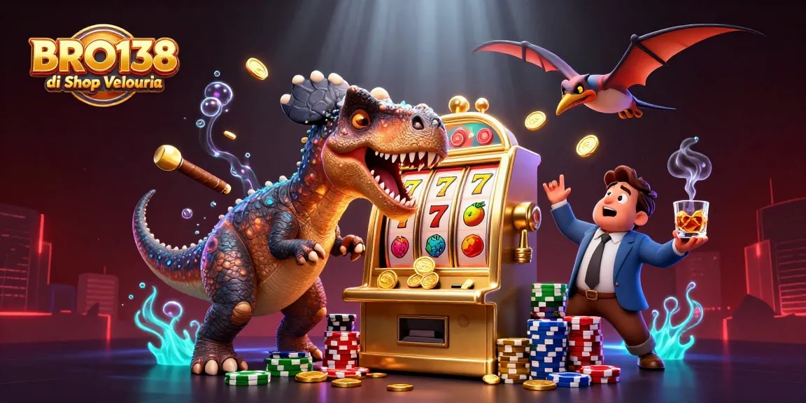 BRO138 di Shop Velouria exemplifies excitement, showcasing cartoon dinosaurs in a vibrant casino scene, celebrating jackpot wins.