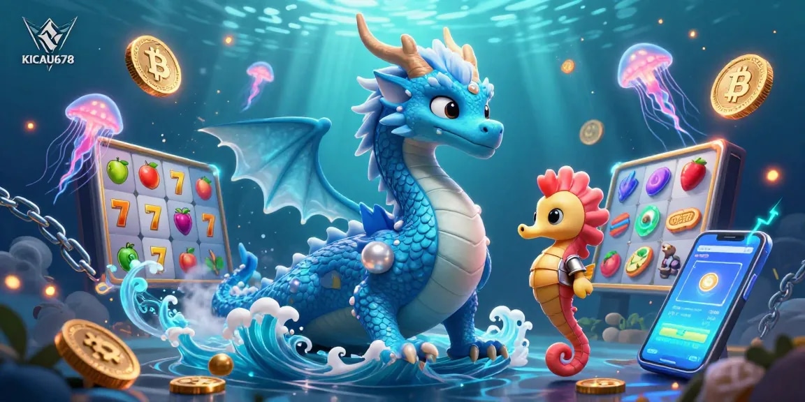 KICAU678 engages with thrilling slot game elements while a mighty dragon and a knight explore an underwater realm.