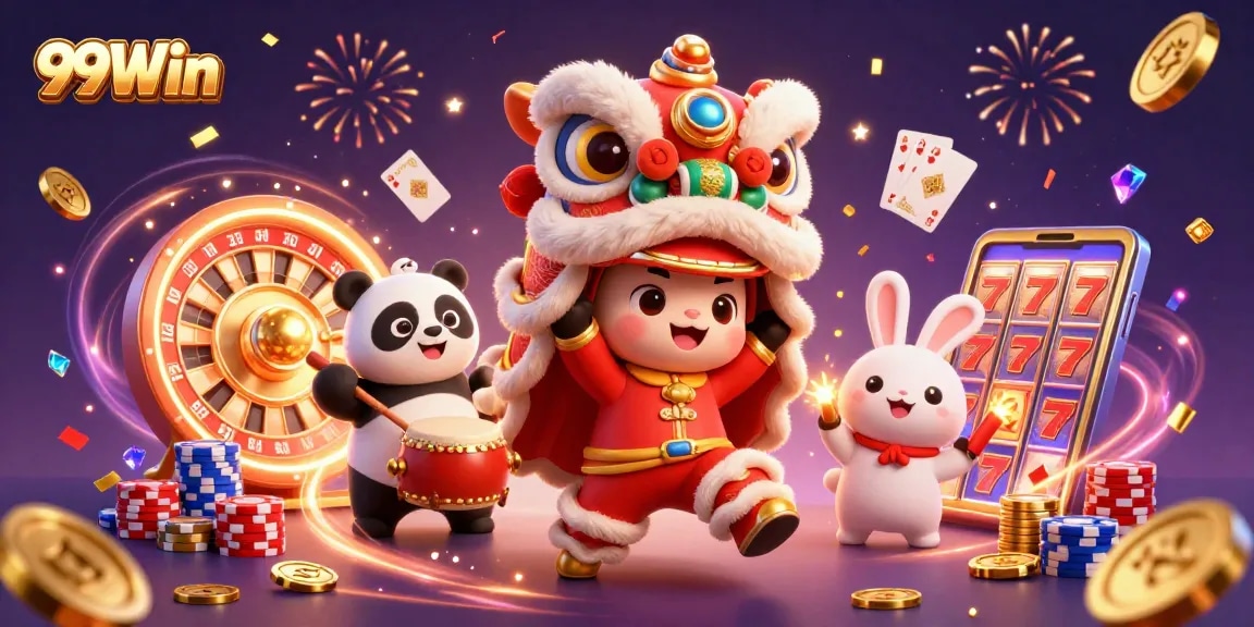 Experience thrilling casino action with 99Win's vibrant lion dance and lively gambling elements.