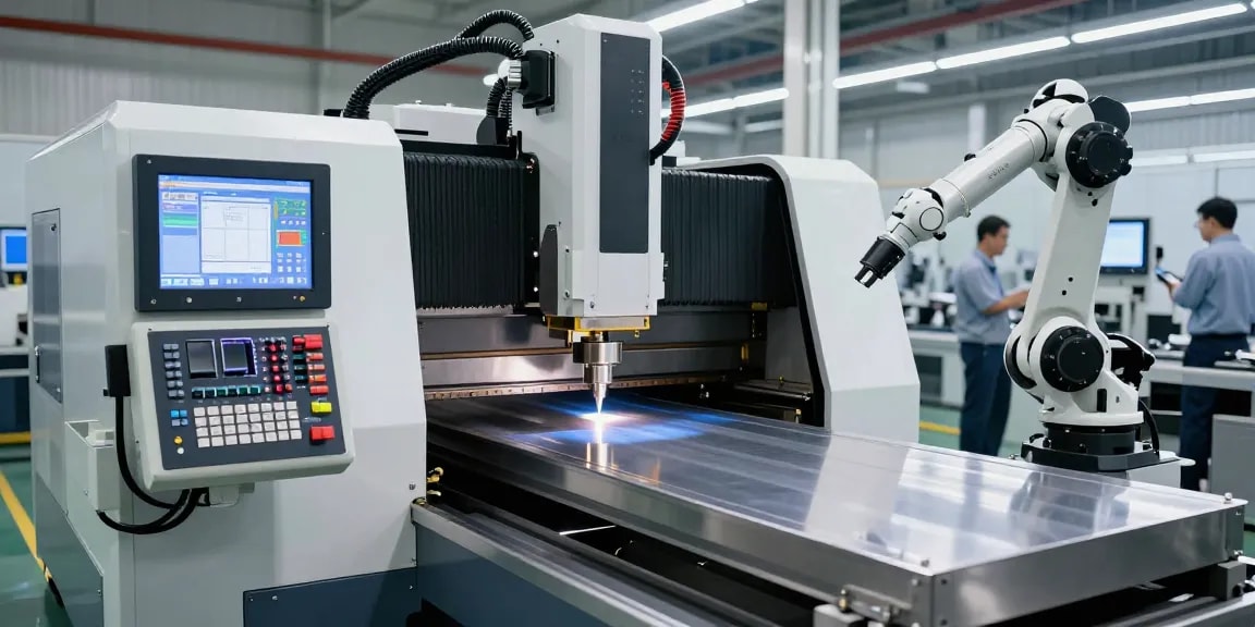 CNC press brake machine operating in a high-tech facility, demonstrating advanced software development and automation technology.