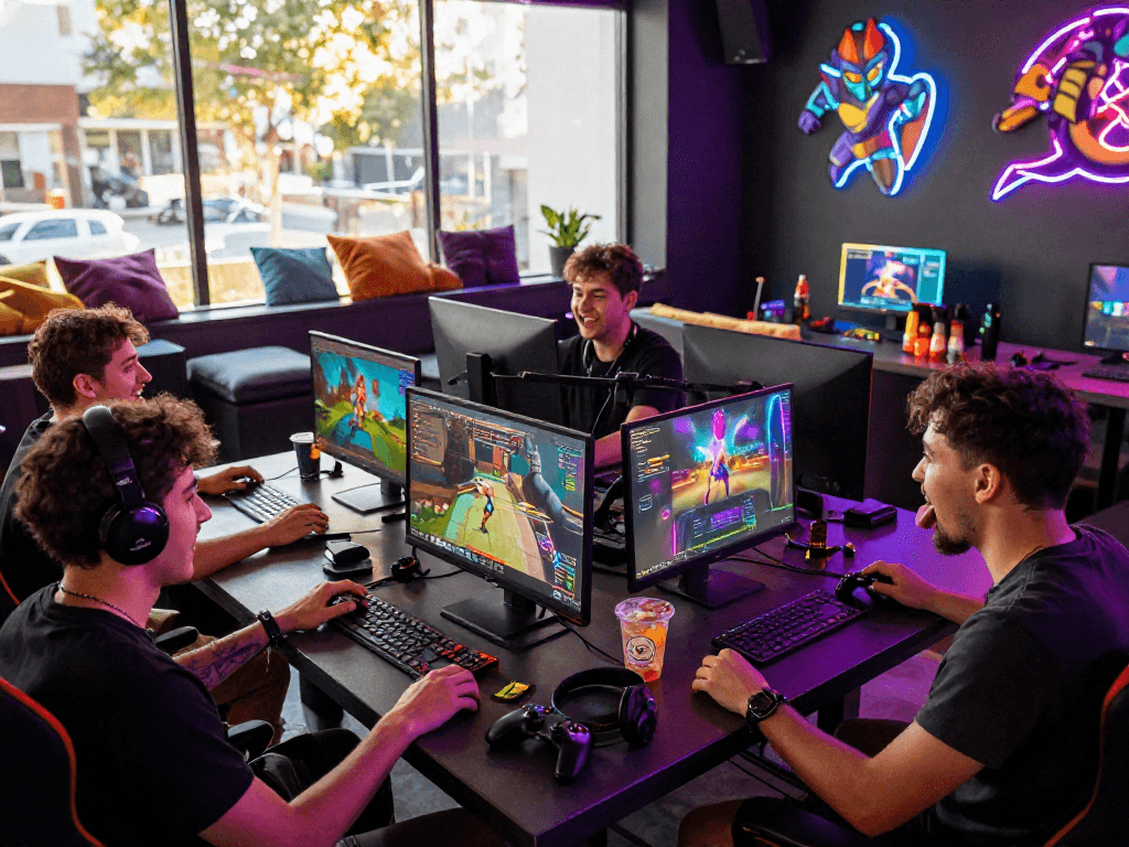 Exciting scene of friends playing sex game online in a vibrant gaming lounge.