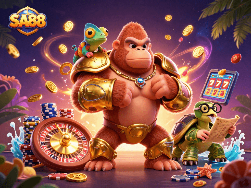 Experience thrilling gameplay at SA88 with a powerful gorilla king, colorful gems, and dynamic casino elements.