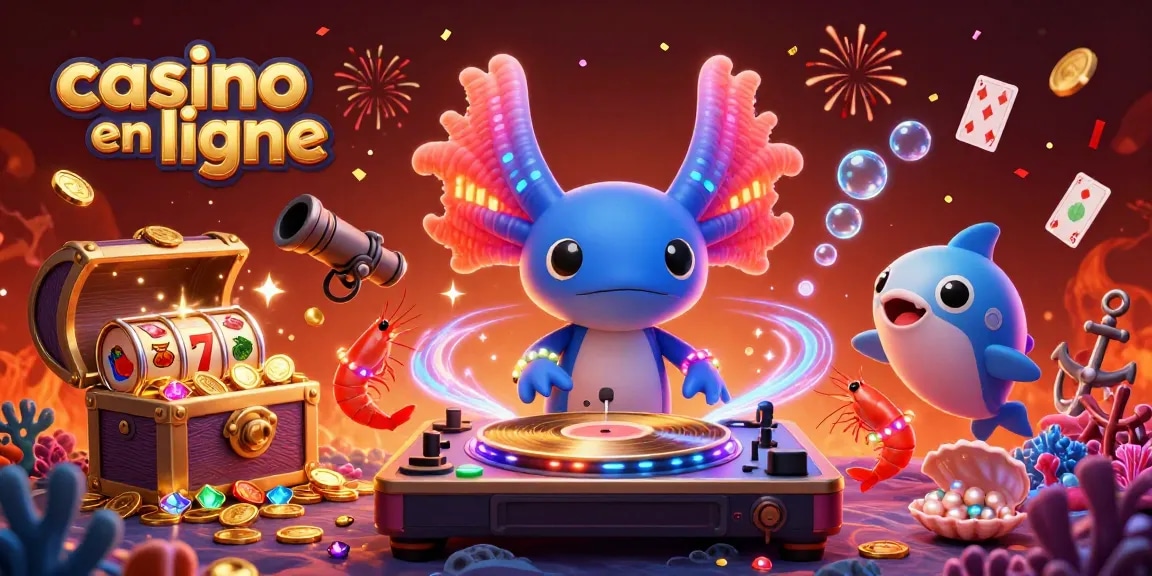 Une scène dynamique de casino en ligne avec un DJ axolotl et des éléments de jeux animés sous-marins.