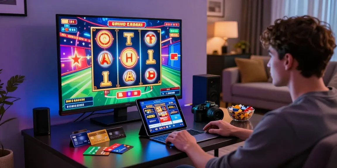 Engaging player experience at a credit card casino with colorful slot games, multiple cards, and a cozy gaming environment.