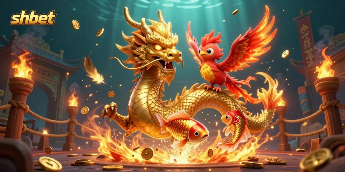 Immerse yourself in the vibrant World of SHBET, featuring a fierce dragon, phoenix, and koi fish among rich casino elements.