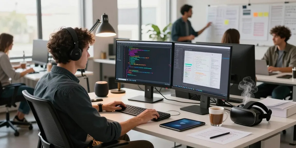 Innovative tech workspace featuring a developer at dual monitors coding, showcasing telegramin-cn.com growth.