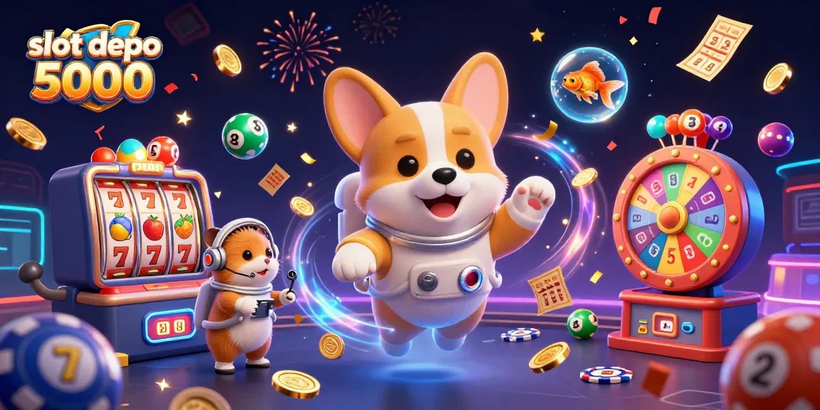 Engage with slot depo 5000 through this lively casino scene featuring a playful corgi and vibrant game elements.