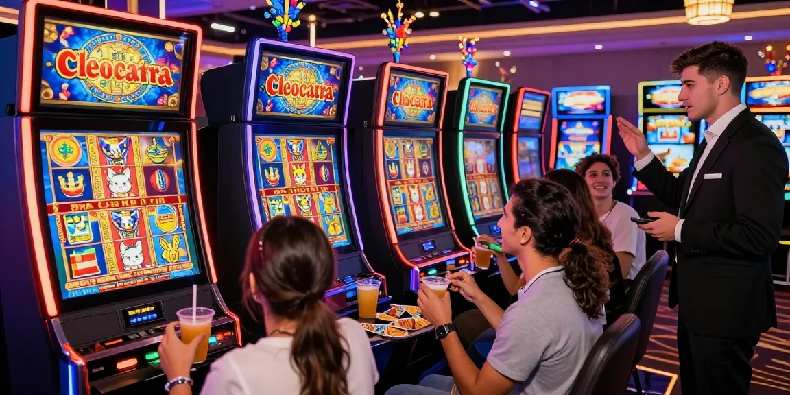 Engaging group playing the Cleocatra slot in a lively casino atmosphere, vibrant Egyptian themes.