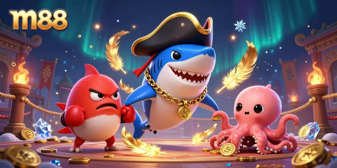 Experience m88's thrilling action with a cartoon shark, pufferfish, and octopus in a vibrant gambling arena.