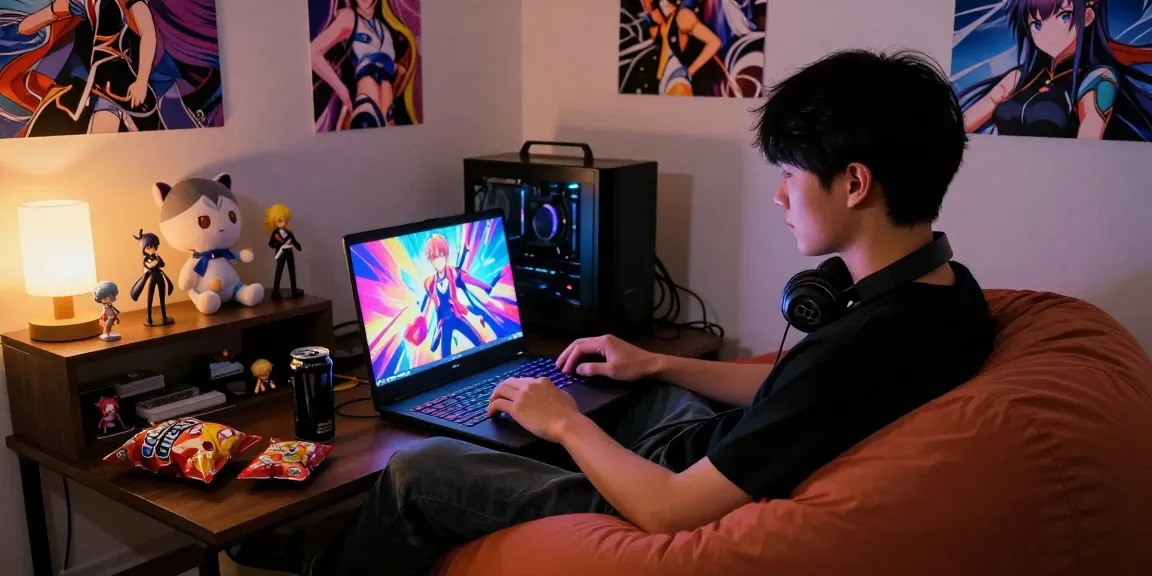 Engaging scene of a gamer immersed in hentai games, surrounded by anime collectibles in a cozy bedroom.