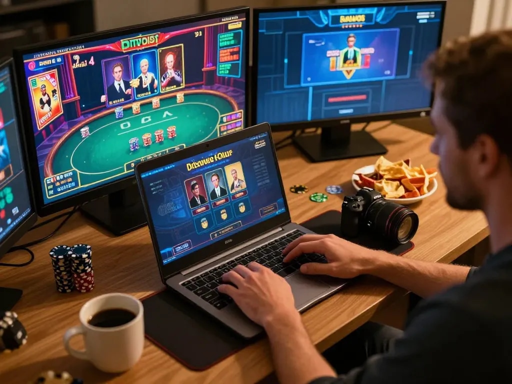 Engaging online casino experience on lc88 with vibrant game interfaces and cozy home setting