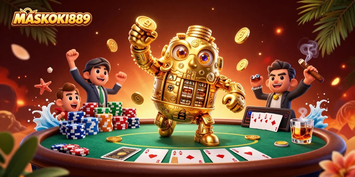 Play at MASKOKI889 and experience the thrill with vibrant gold golem casino illustration.