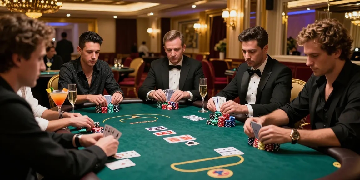 Exciting poker game at iwin casino with players, chips, and drinks.