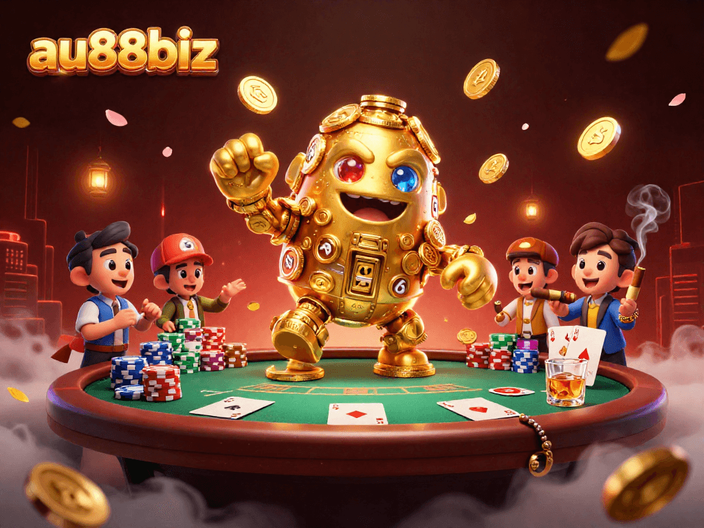 Play exciting games at au88biz with a golden golem amidst poker and casino elements.