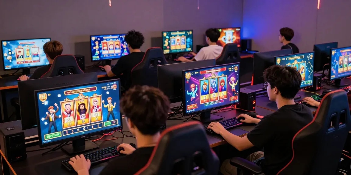 Dynamic gaming scene with players enjoying slot depo 5k games, celebrating wins in an engaging atmosphere.
