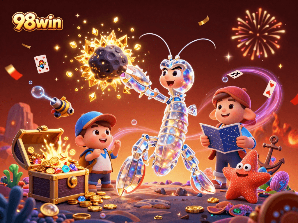 98win players celebrating with vibrant 3D casino elements amid colorful gems and coins.