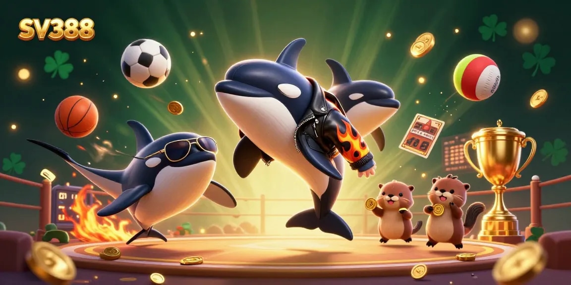 Engage with SV388's cockfighting excitement capturing dynamic action with orca and otters.