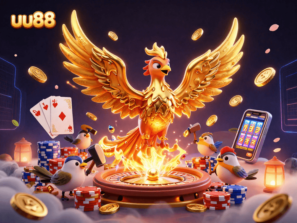 Spin the 3D golden phoenix animation at uu88 for jackpot excitement and rich casino action!