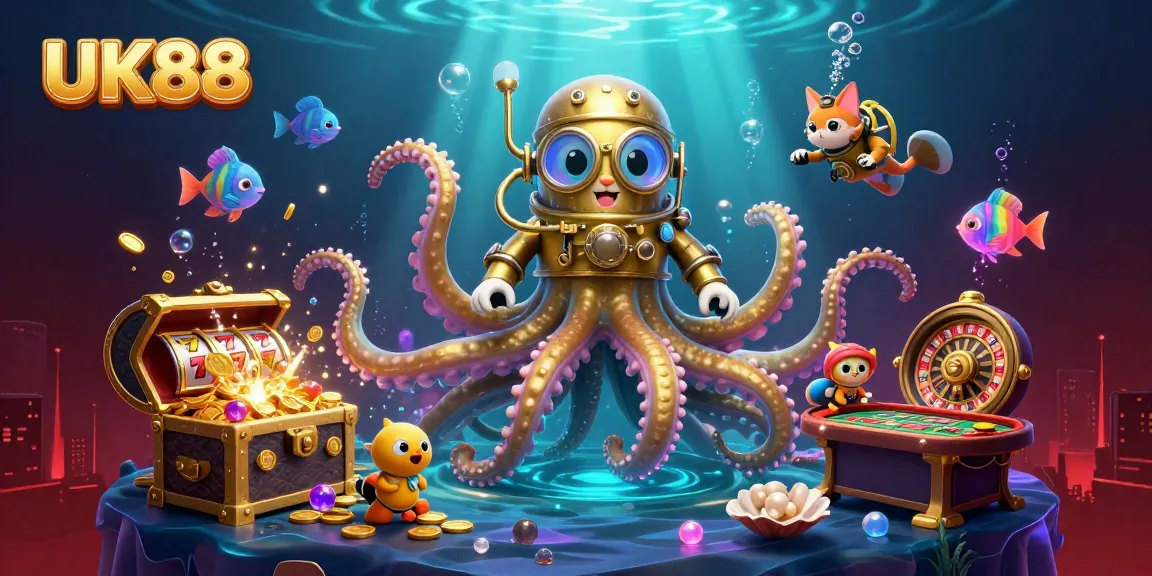 UK88's thrilling casino adventure features a kraken, diving cat, and vibrant gaming symbols.