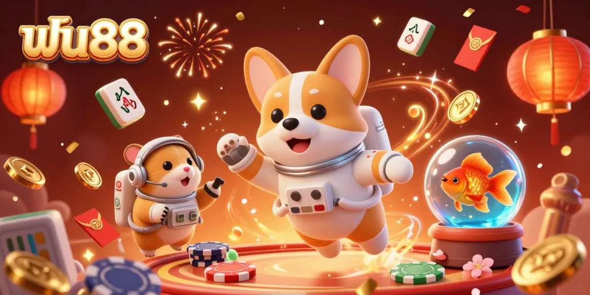 Experience the excitement of ฟัน88 with a whimsical illustration of a floating astronaut corgi in a cosmic casino setting.