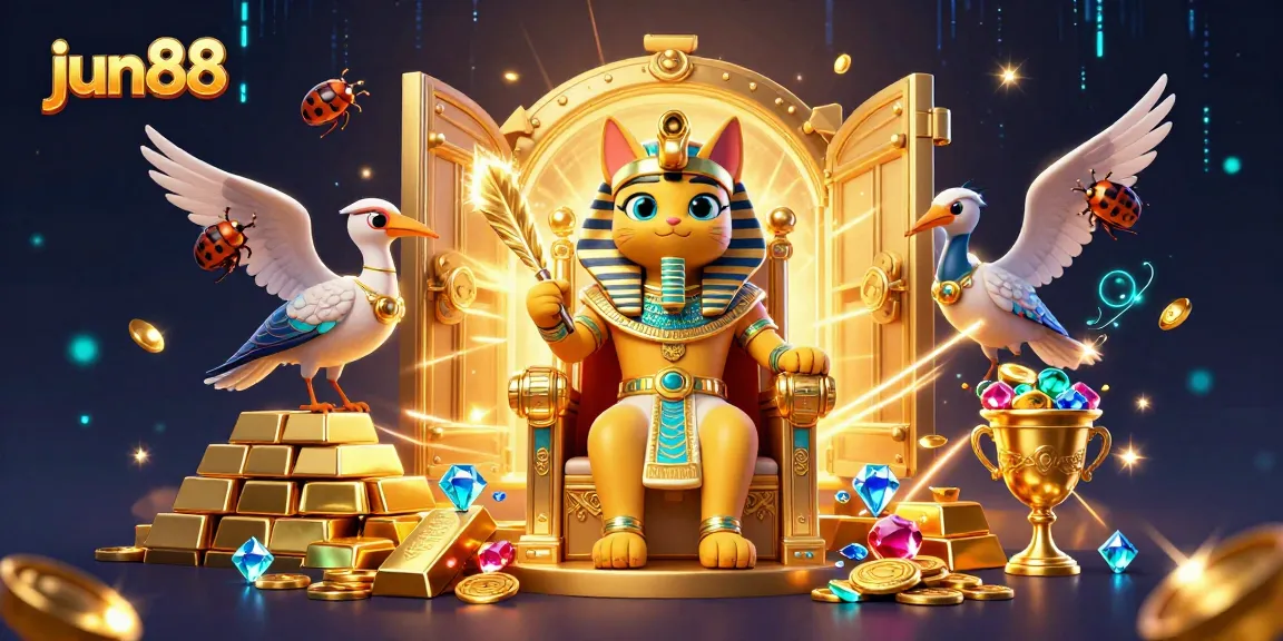 Experience vibrant gaming at jun88, featuring dynamic casino elements with a pharaoh cat and treasures.