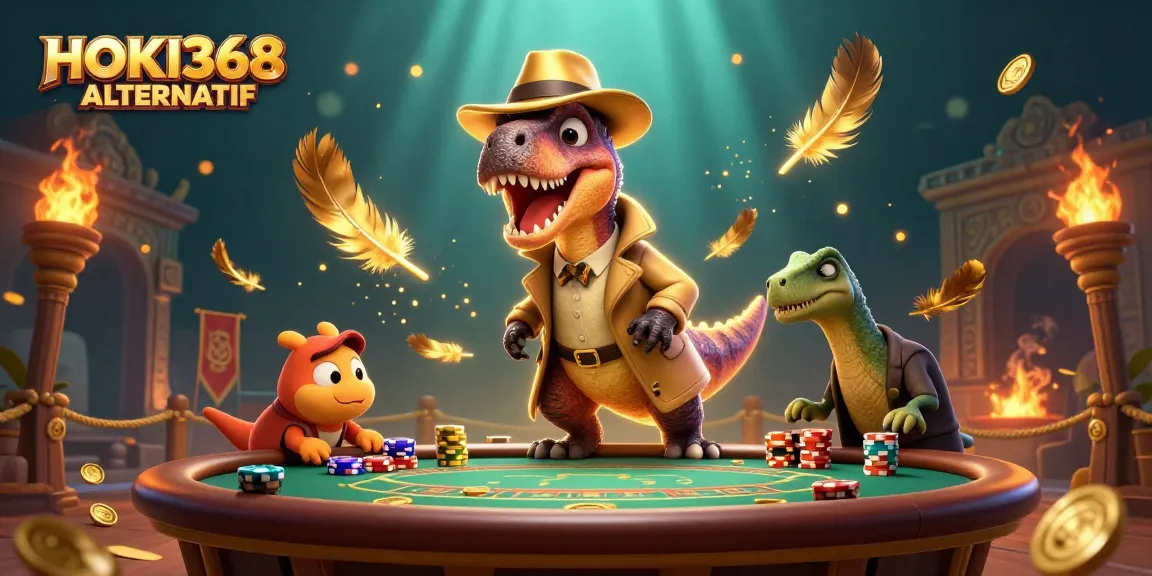 Engage with HOKI368 ALTERNATIF at a vibrant casino scene, featuring playful characters and dynamic betting action.