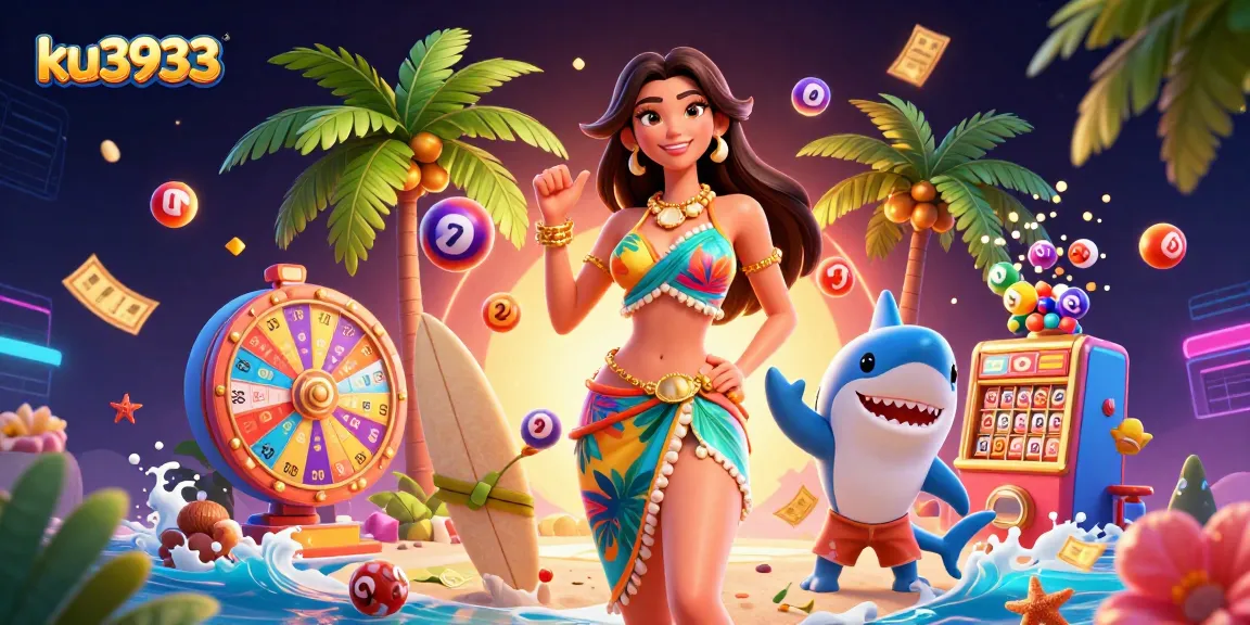 Engage in thrilling gaming experiences with ku3933, surrounded by dynamic lottery elements and vibrant characters.