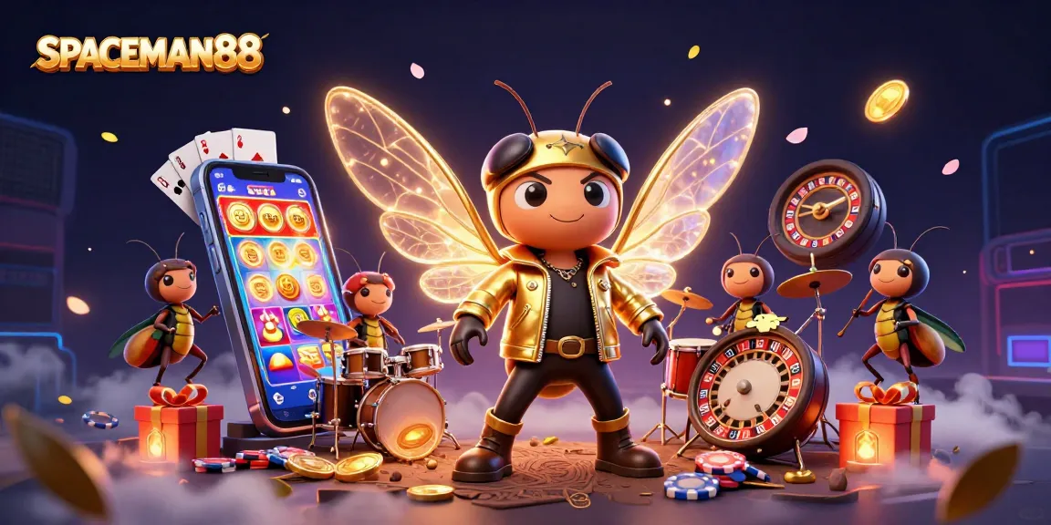 SPACEMAN88 features a vibrant illustration of a cicada rock star amidst casino elements for an exhilarating gaming experience.
