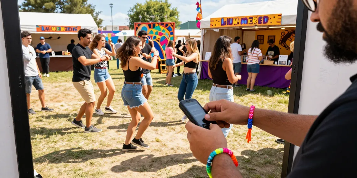 Attendees wearing pulsera monedero festival enjoying seamless access at a vibrant outdoor event.